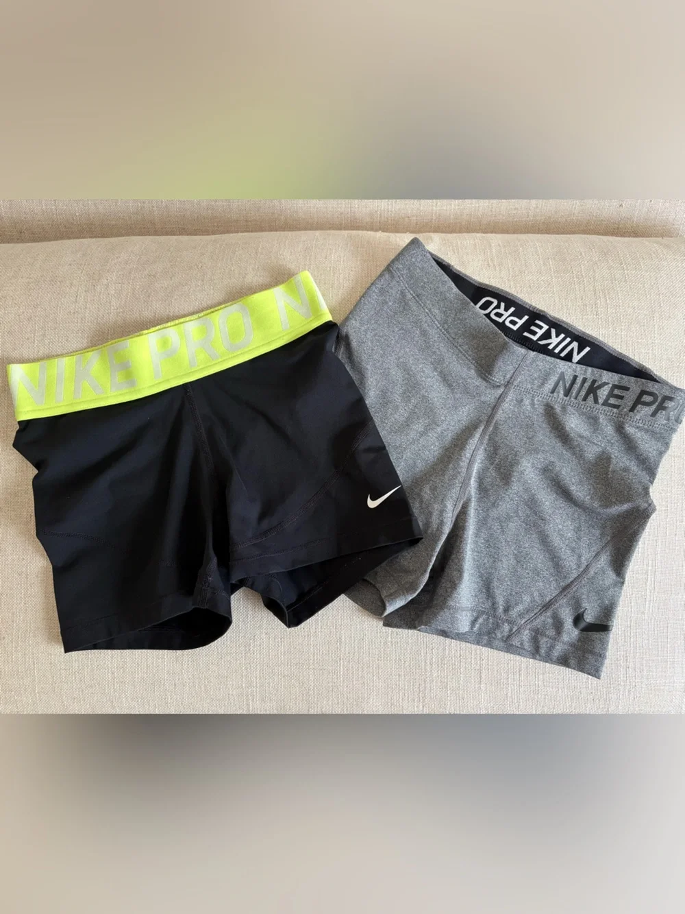 Nike Pro Dri-fit Set of 2 Gray/Black Pair & Black/Neon Yellow Band Sports Shorts